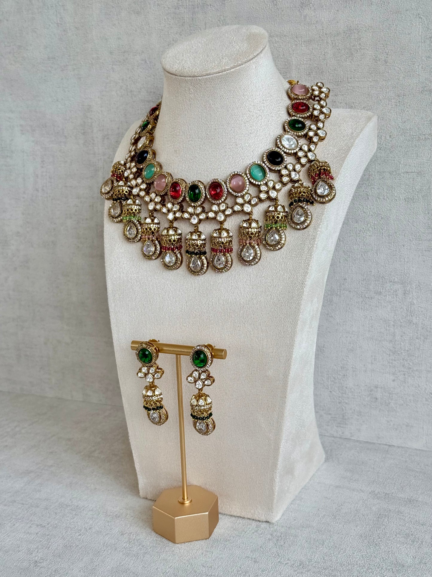 Ayura Designs Imara Set with Necklace & Jhumkis – Multicolour Stones with Kundan Detailing & Crystal Drop
