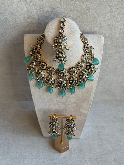 Ayura Designs Sumaira Set – Necklace, Earrings & Tikka with Kundan, Green Meenakari Detailing & Aqua Drops