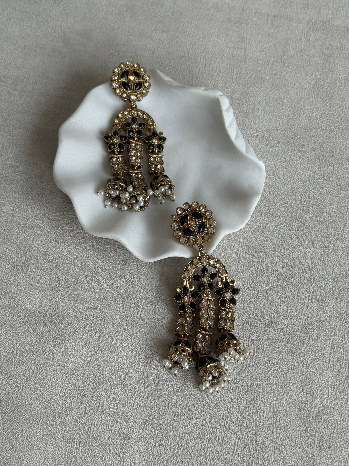 Ayura Designs Soraya Earrings – Black Stones, Champagne Crystals, Pearl Detailing & Gold Finish