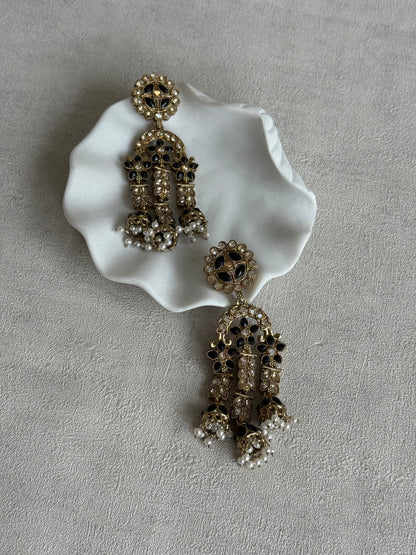 Ayura Designs Soraya Earrings – Black Stones, Champagne Crystals, Pearl Detailing & Gold Finish