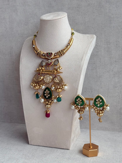 Ayura Designs Zaqsh Collar Necklace Set with Earrings – Antique Gold Peacock Pendant with Emerald Green Stones & Pearl Detailing