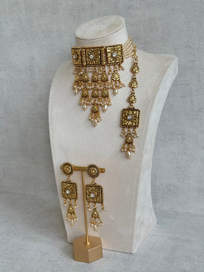 Ayura Designs Nimrah Choker Set with Earrings & Tikka – Ivory Pearl Gold Tone Waterfall Jewellery Set