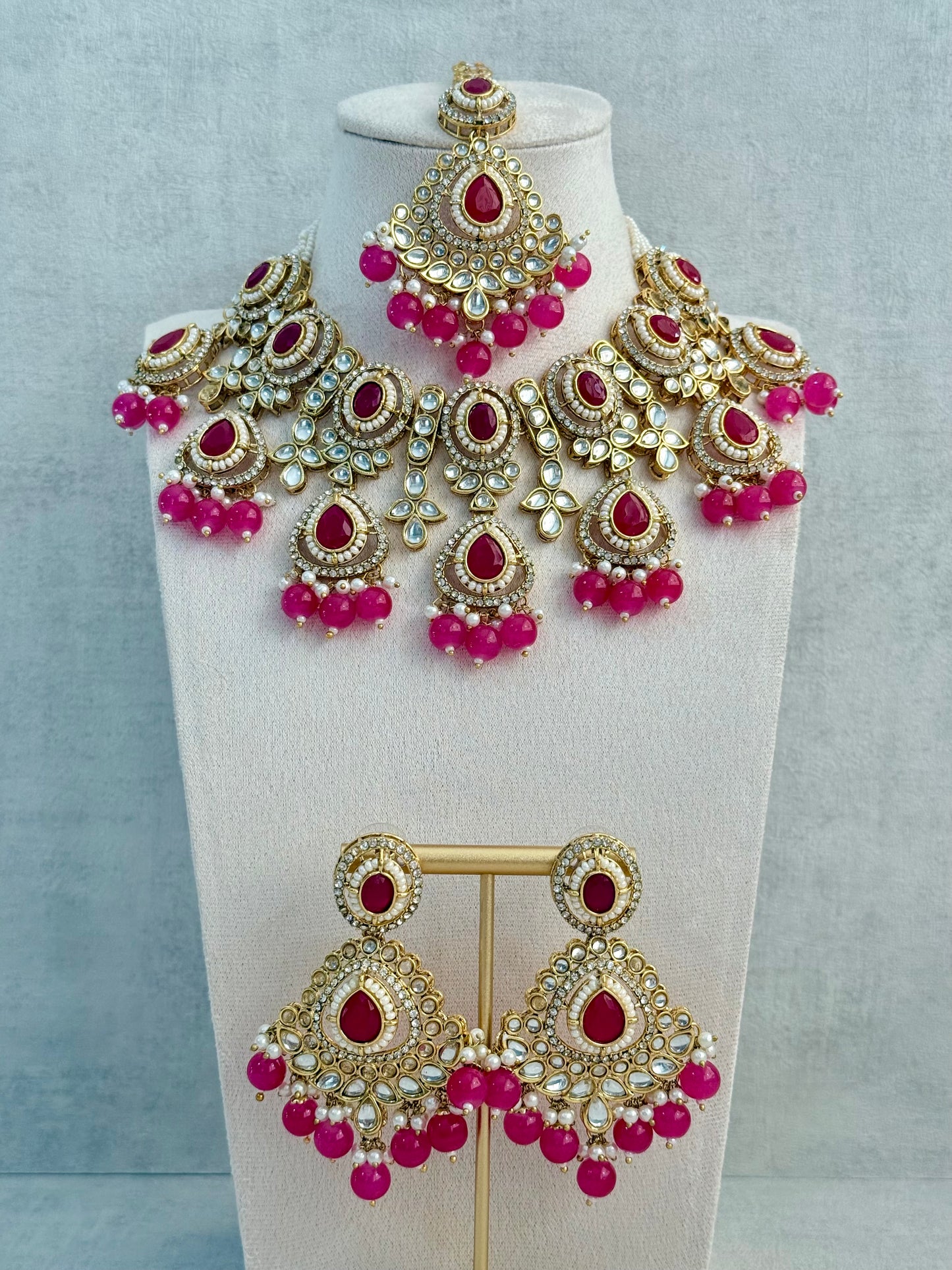 Ayura Designs Janvi Set with Necklace, Earrings & Tikka – Kundan Detailing, Hot Pink Beads & Ivory Pearl Drops