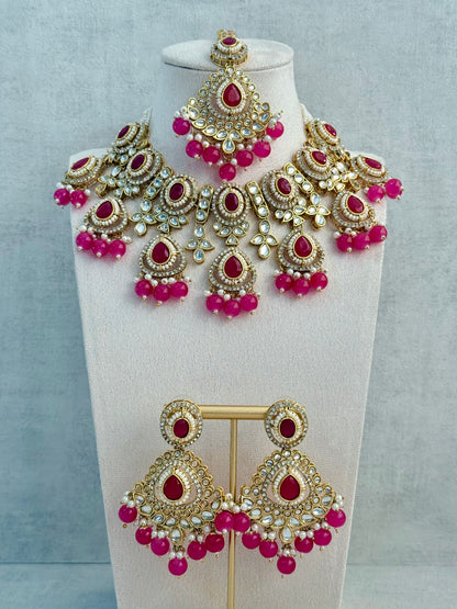 Ayura Designs Janvi Set with Necklace, Earrings & Tikka – Kundan Detailing, Hot Pink Beads & Ivory Pearl Drops