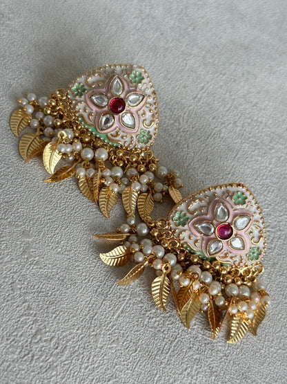 Ayura Designs Rozina Earrings – Floral Meenakari Earrings with Ruby Pink Centre Stone, Pearl Clusters & Gold Leaf Charms