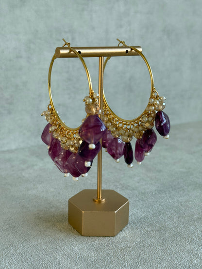 Ayura Designs Heer Balis – Gold Hoops with Amethyst Plum Marble Beads, Pearls & Crystal Detailing