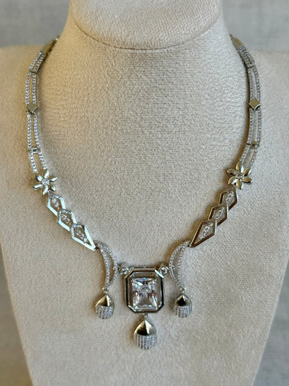 Ayura Designs Estrella Set with Necklace & Earrings – Silver Finish, Moissanite-Inspired Stones and Teardrop Charms