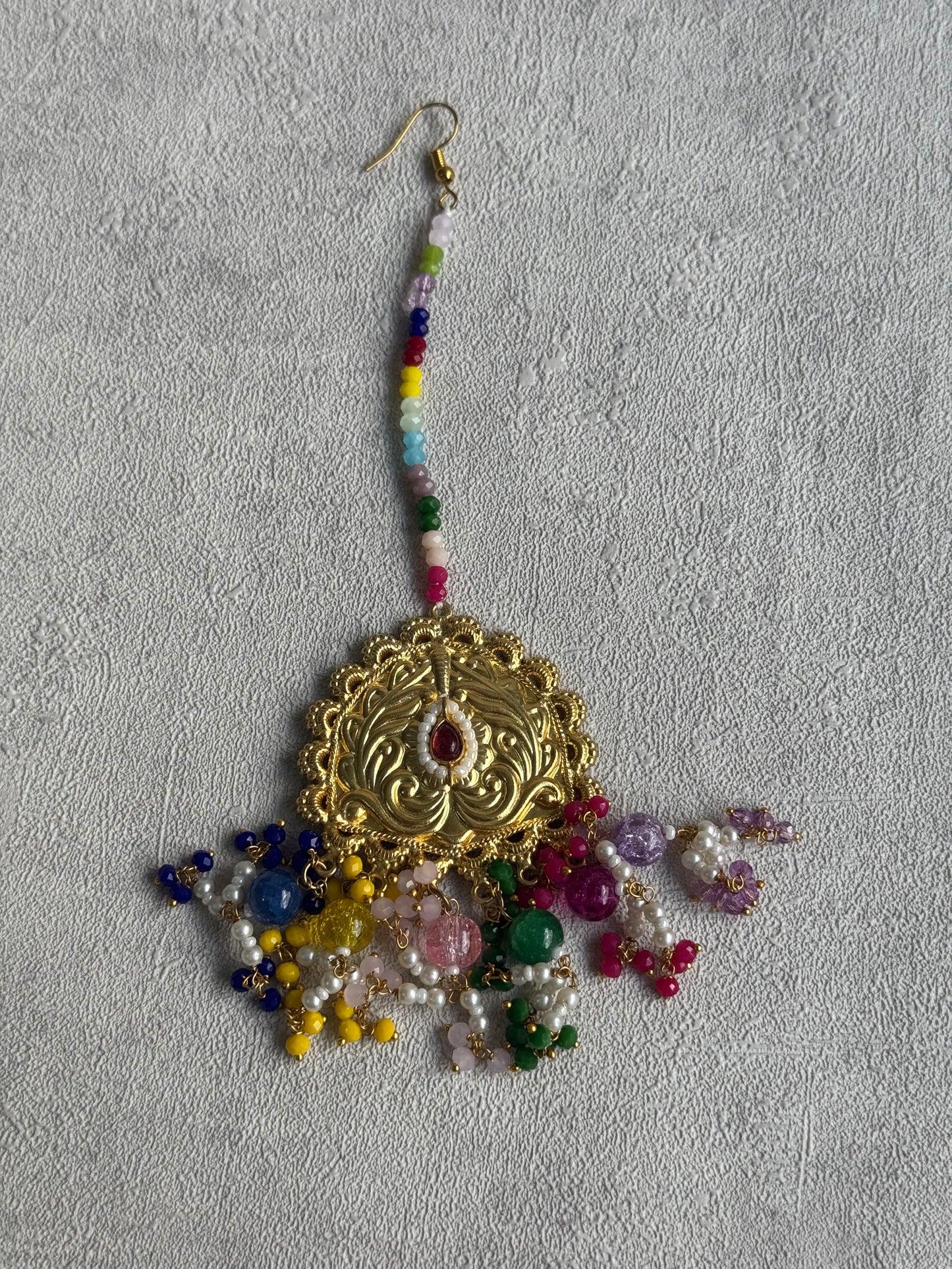 Ayura Designs Rangoli Tikka Set with Earrings – Antique Gold Finish, Multicolour Beads & Pearl Detailing