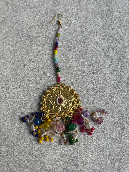 Ayura Designs Rangoli Tikka Set with Earrings – Antique Gold Finish, Multicolour Beads & Pearl Detailing