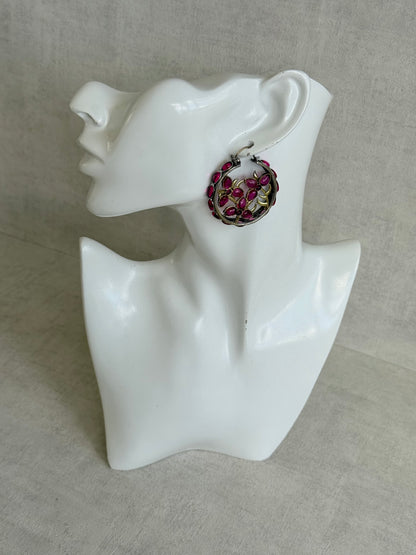 Ayura Designs Nureh Earrings – Dual Tone Floral Hoop Earrings with Ruby Pink Stones & Cutwork Detailing