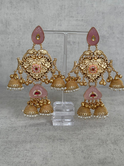 Ayura Designs Areesha Earrings – Gold-Plated Earrings with Blush Pink Enamel, Layered Jhumkas & Pearl Detailing