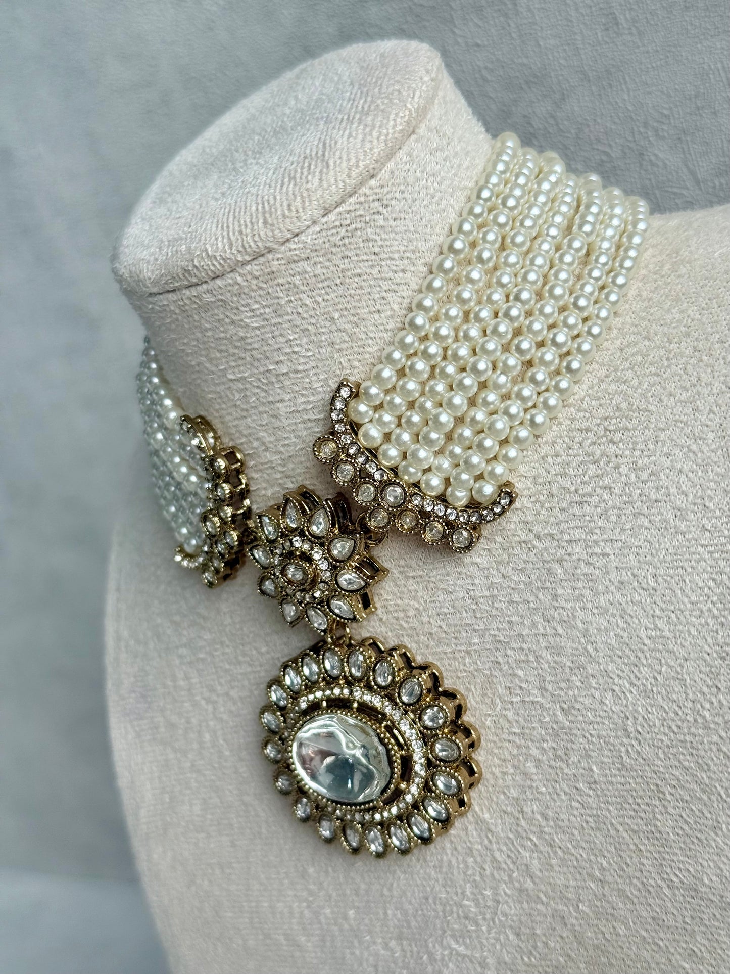 Ayura Designs Amaya Necklace Set with Studs – Antique Finish in Crystal Stones with Pearl Strands