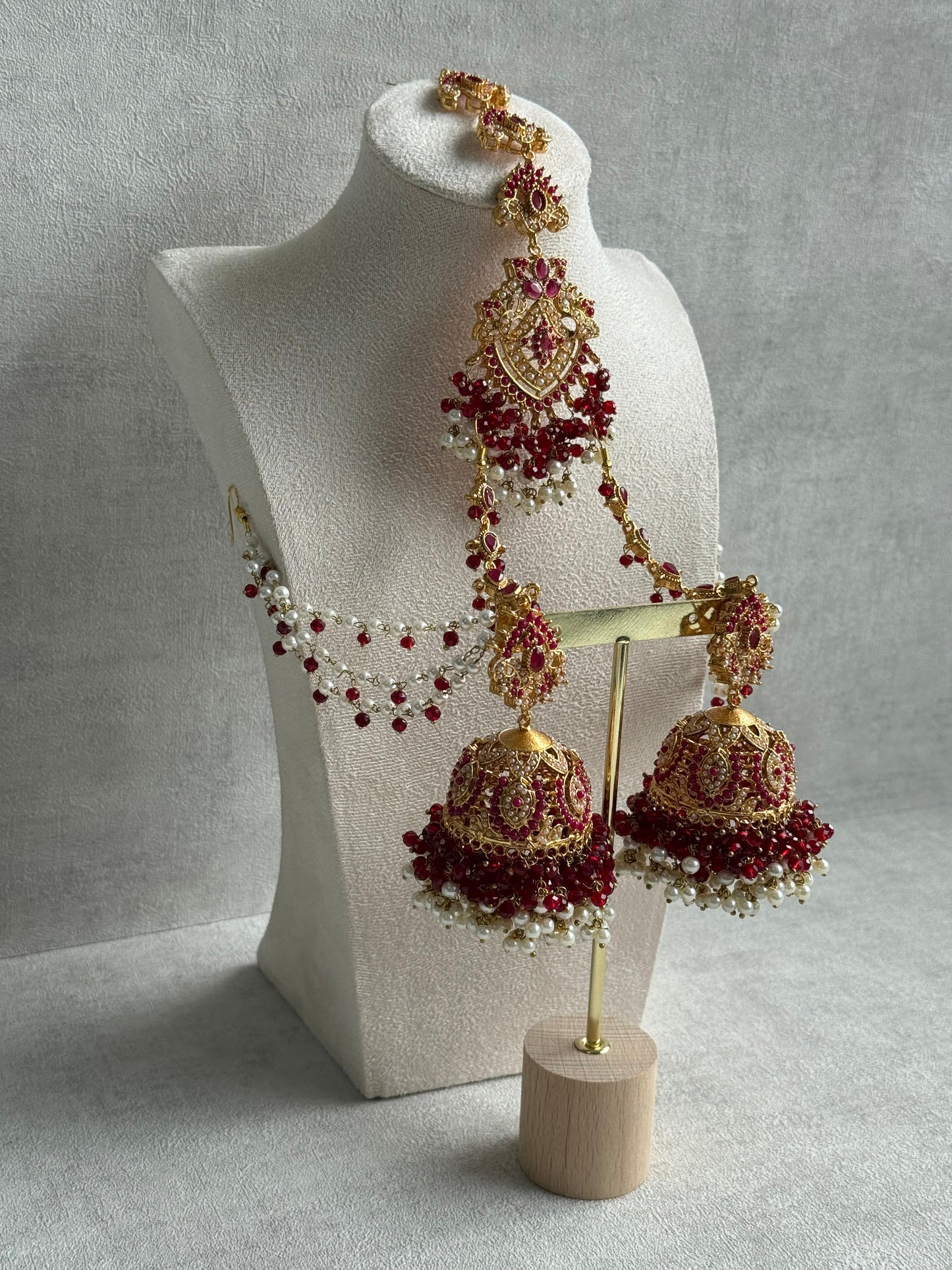 Ayura Designs Safia Tikka Set with Sahare Earrings – Ruby Red Beads & Pearls