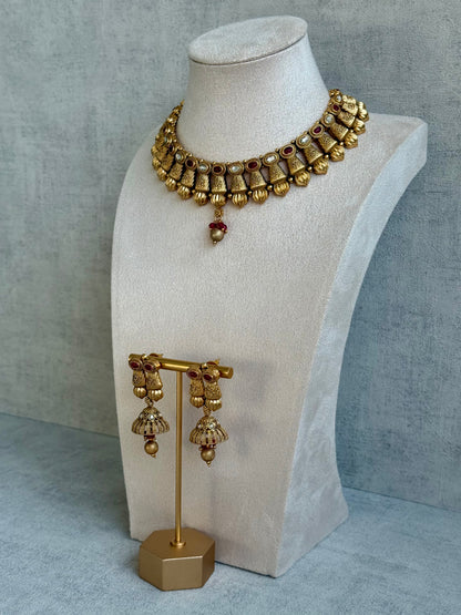 Ayura Designs Aima Necklace Set with Earrings – Antique Gold with Rani Pink Stones