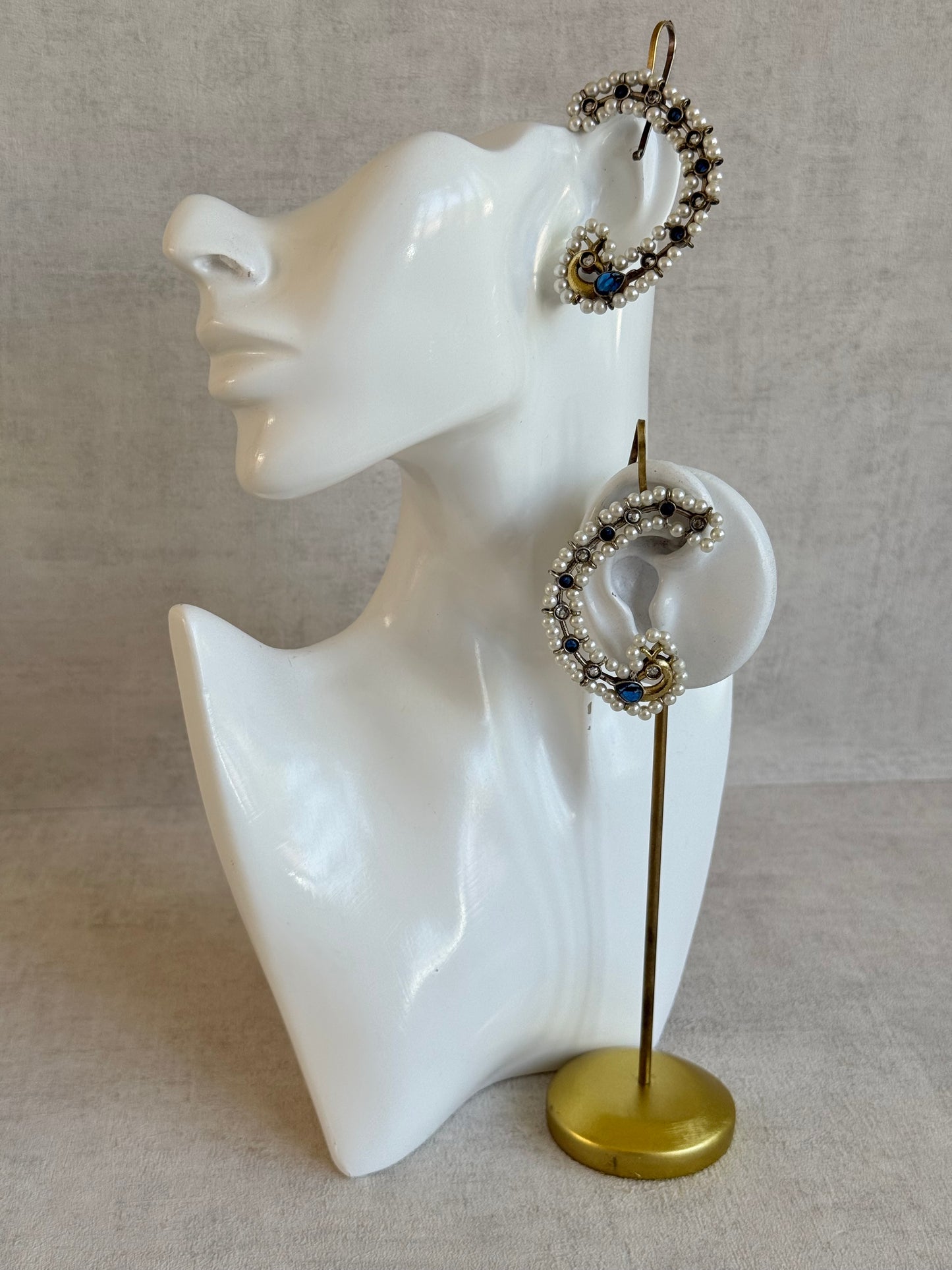 Ayura Designs Nupur Earrings – Pearl Ear Climbers with Sapphire Blue Stones & Pearl Detailing