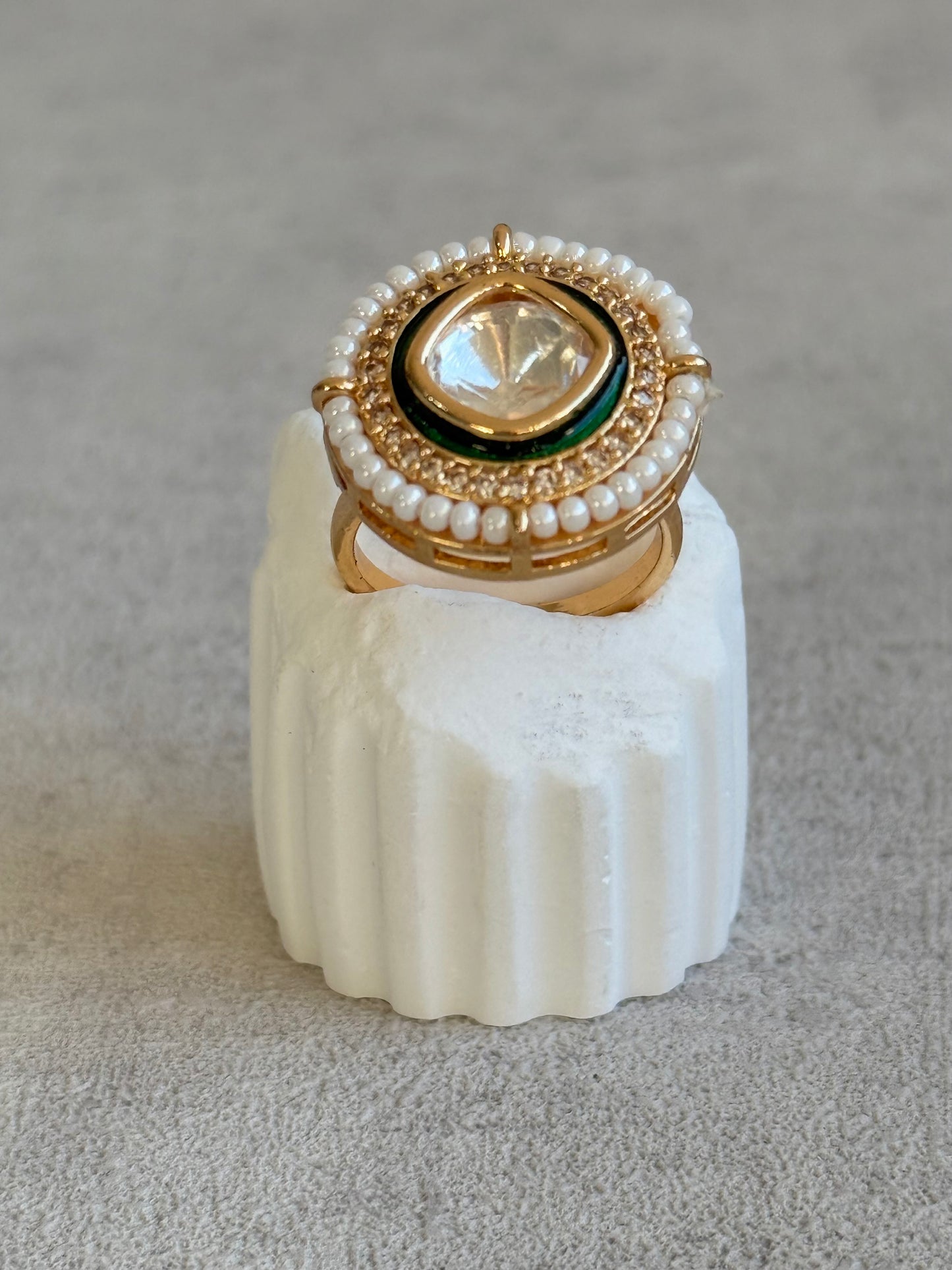 Ayura Designs Roselle Adjustable Ring – Moissanite Centre with Crystal Border & Ivory Pearls