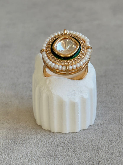 Ayura Designs Roselle Adjustable Ring – Moissanite Centre with Crystal Border & Ivory Pearls