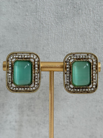 Ayura Designs Nabiha Choker Set with Studs – Aqua Green Stones, Pearl Detailing & Antique Gold Finish