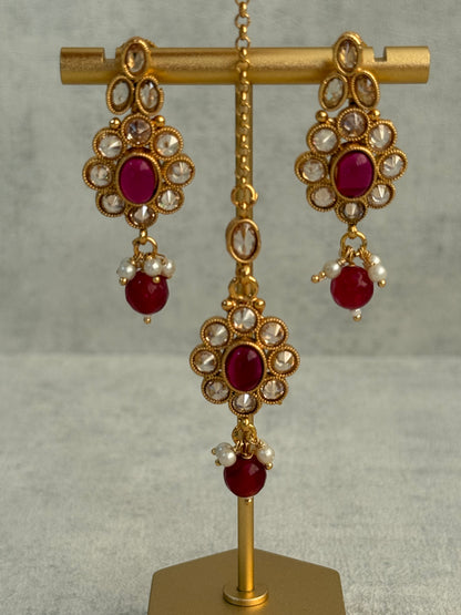 Ayura Designs Biju Set with Necklace, Earrings & Tikka – Fuchsia Pink & Ivory Pearls, Mirror-Cut Stones, Antique Gold Finish