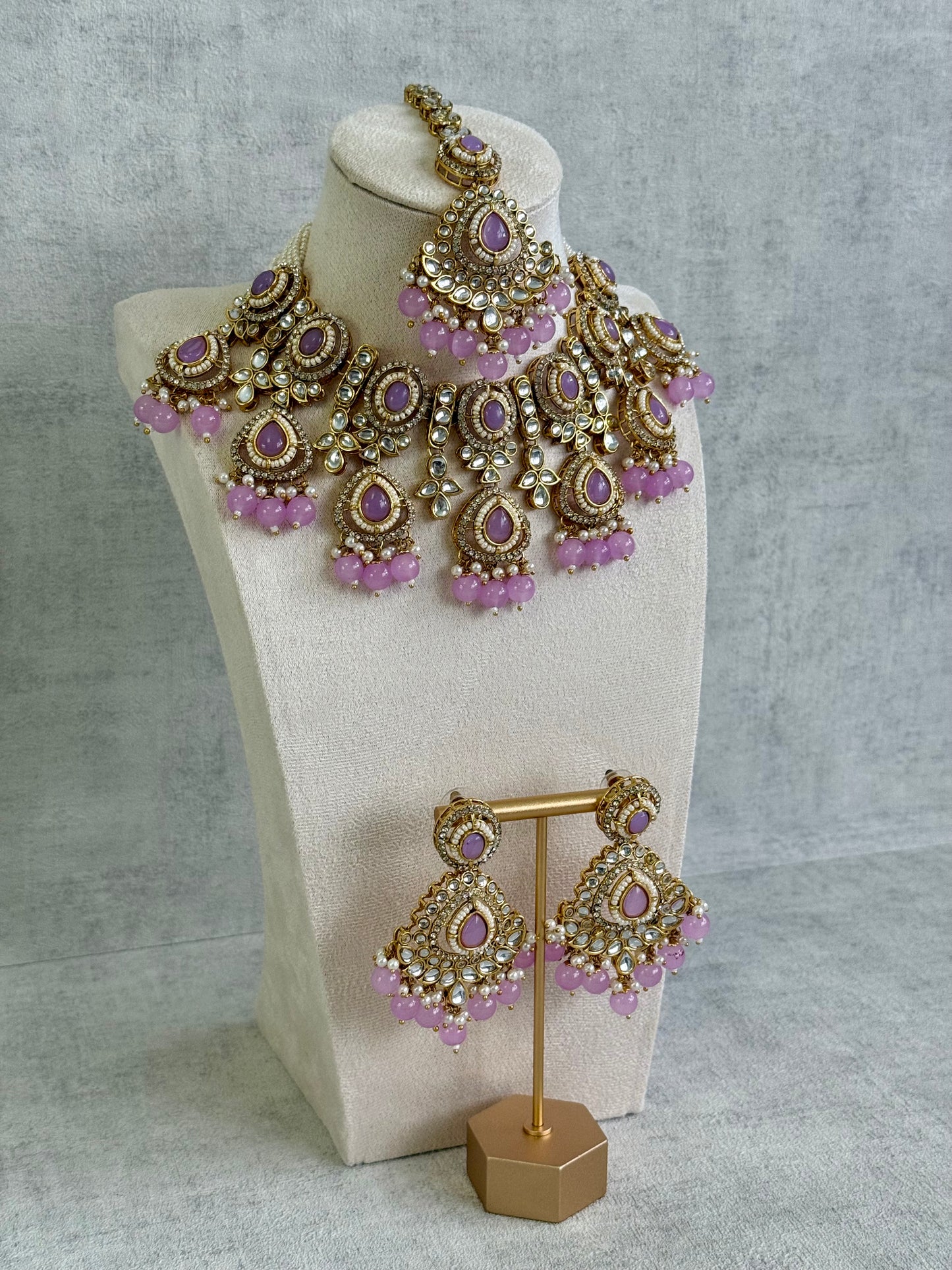 Ayura Designs Janvi Set with Necklace, Earrings & Tikka – Kundan Detailing, Lilac Beads & Ivory Pearl Drops