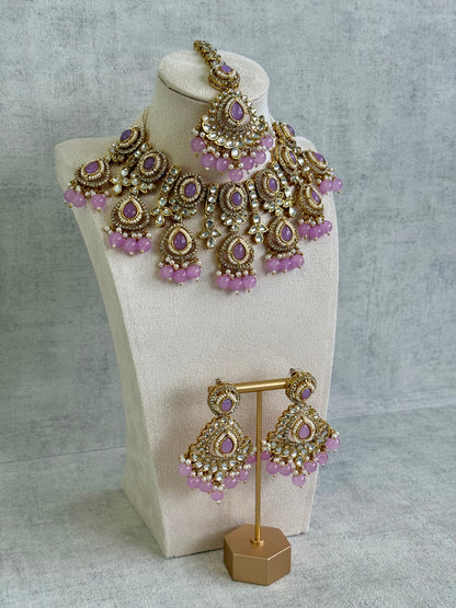Ayura Designs Janvi Set with Necklace, Earrings & Tikka – Kundan Detailing, Lilac Beads & Ivory Pearl Drops