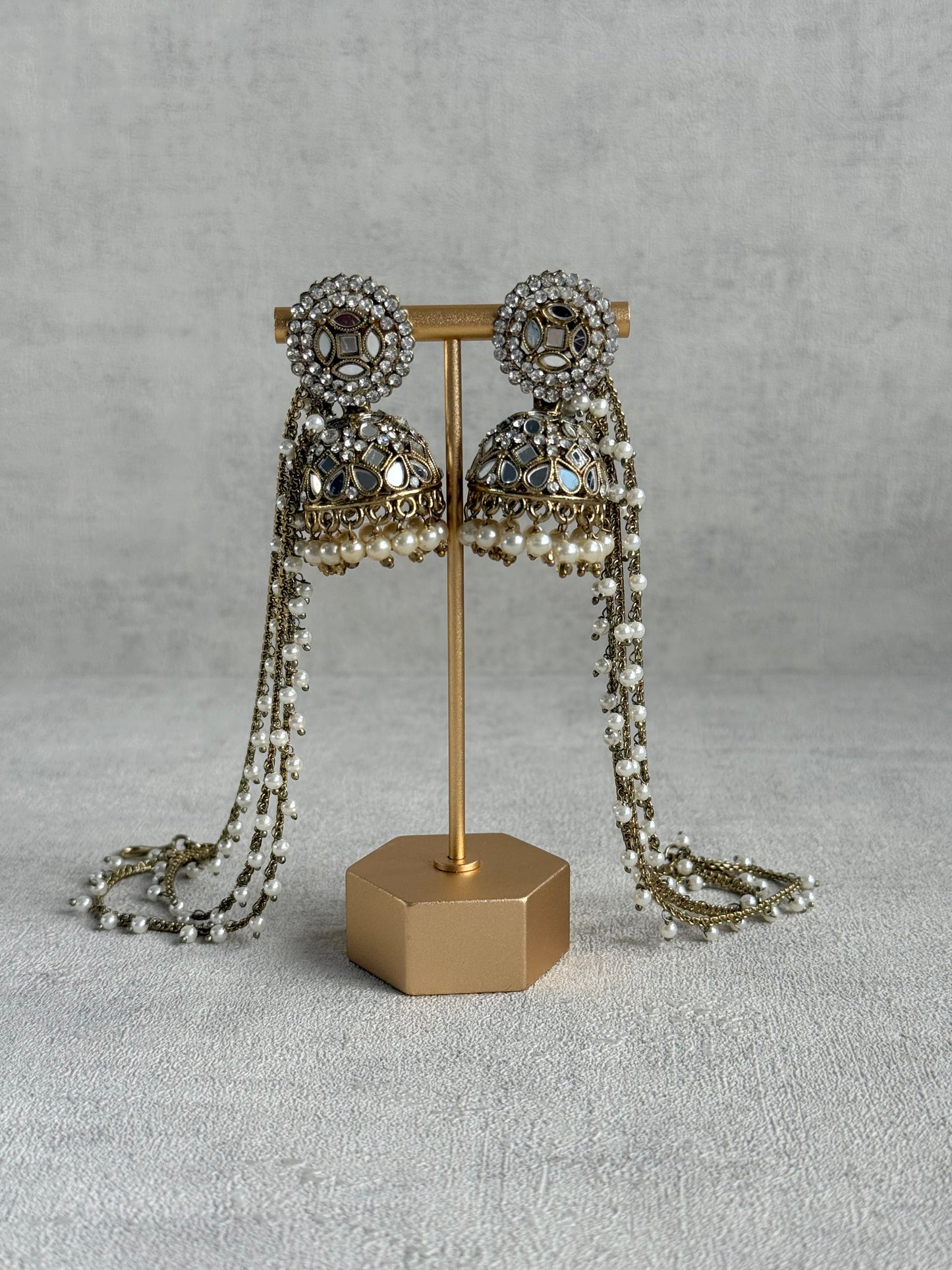 Ayura Designs Aaina Jhumkis – Antique Gold Mirror & Crystal Earrings with Detachable Triple-Layer Pearl Sahare