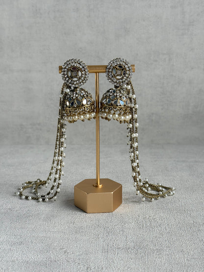 Ayura Designs Aaina Jhumkis – Antique Gold Mirror & Crystal Earrings with Detachable Triple-Layer Pearl Sahare