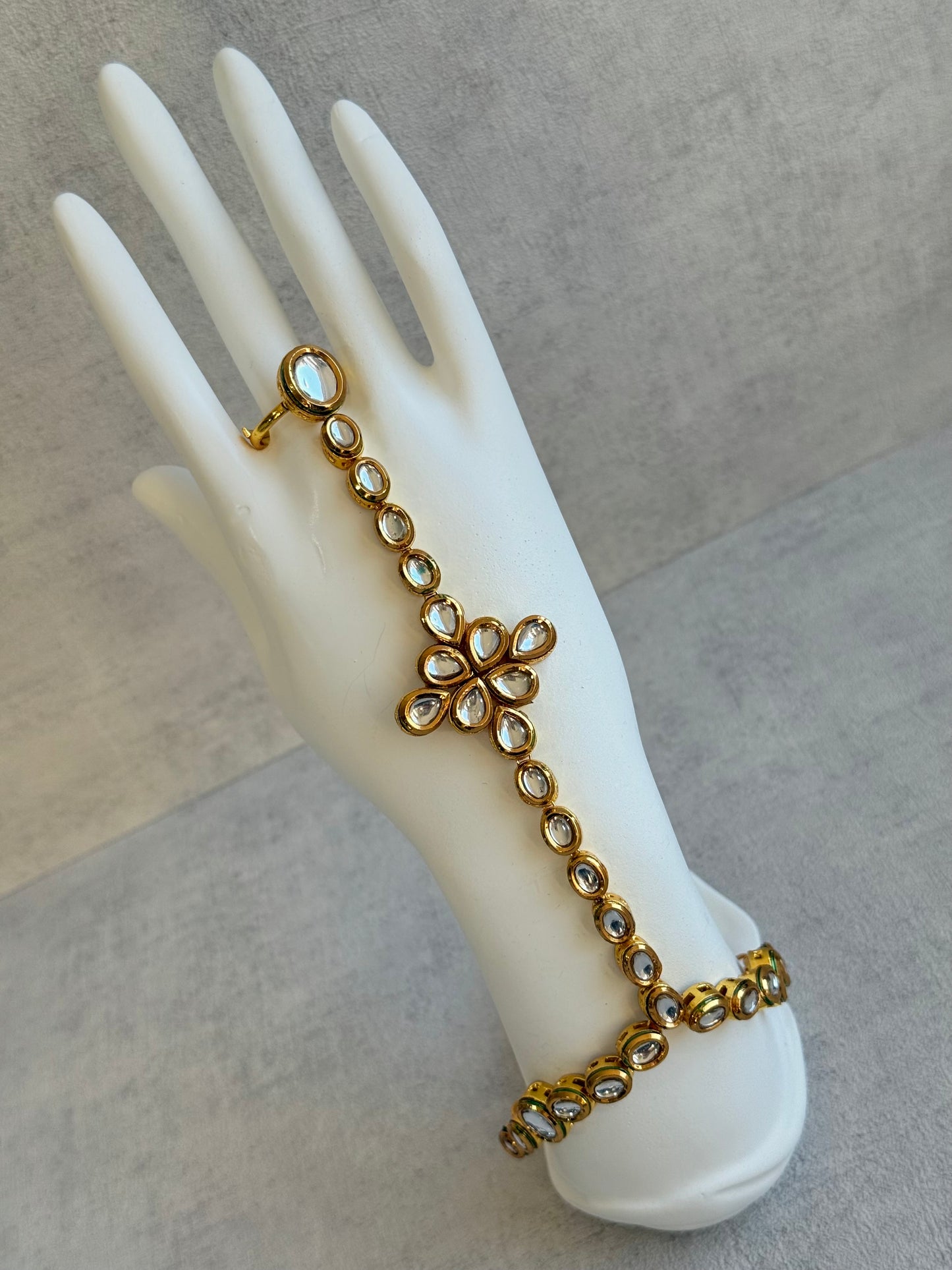 Ayura Designs Raina Haathphool – Kundan Hand Ornament with Floral Motif & Enamel Detailing