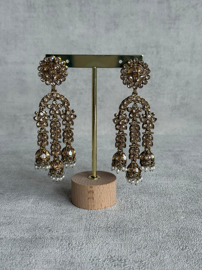 Ayura Designs Soraya Earrings – Champagne Stones, Mirror-Cut Crystals, Pearl Detailing & Gold Finish