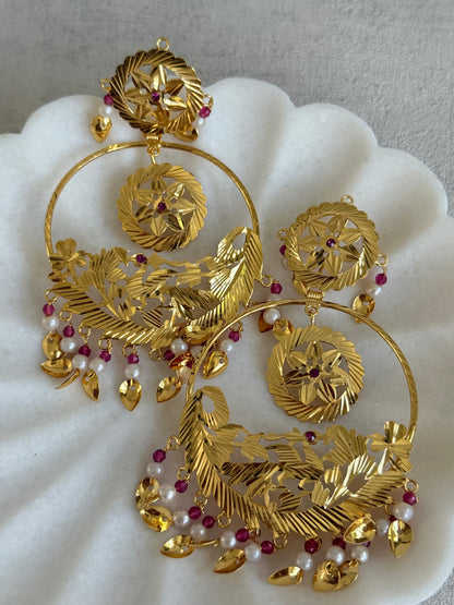 Ayura Designs Puran Earrings – Gold Peacock Pipal Patti Chandbalis with Pink & Ivory Detailing