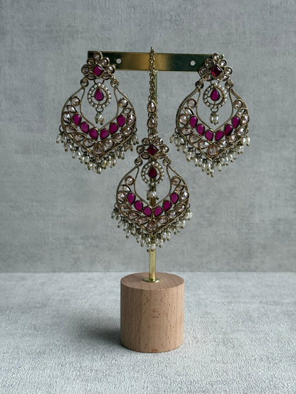 Ayura Designs Damini Tikka Set – Mirror-Cut Kundan Earrings & Tikka with Pink Enamel and Pearl Detailing