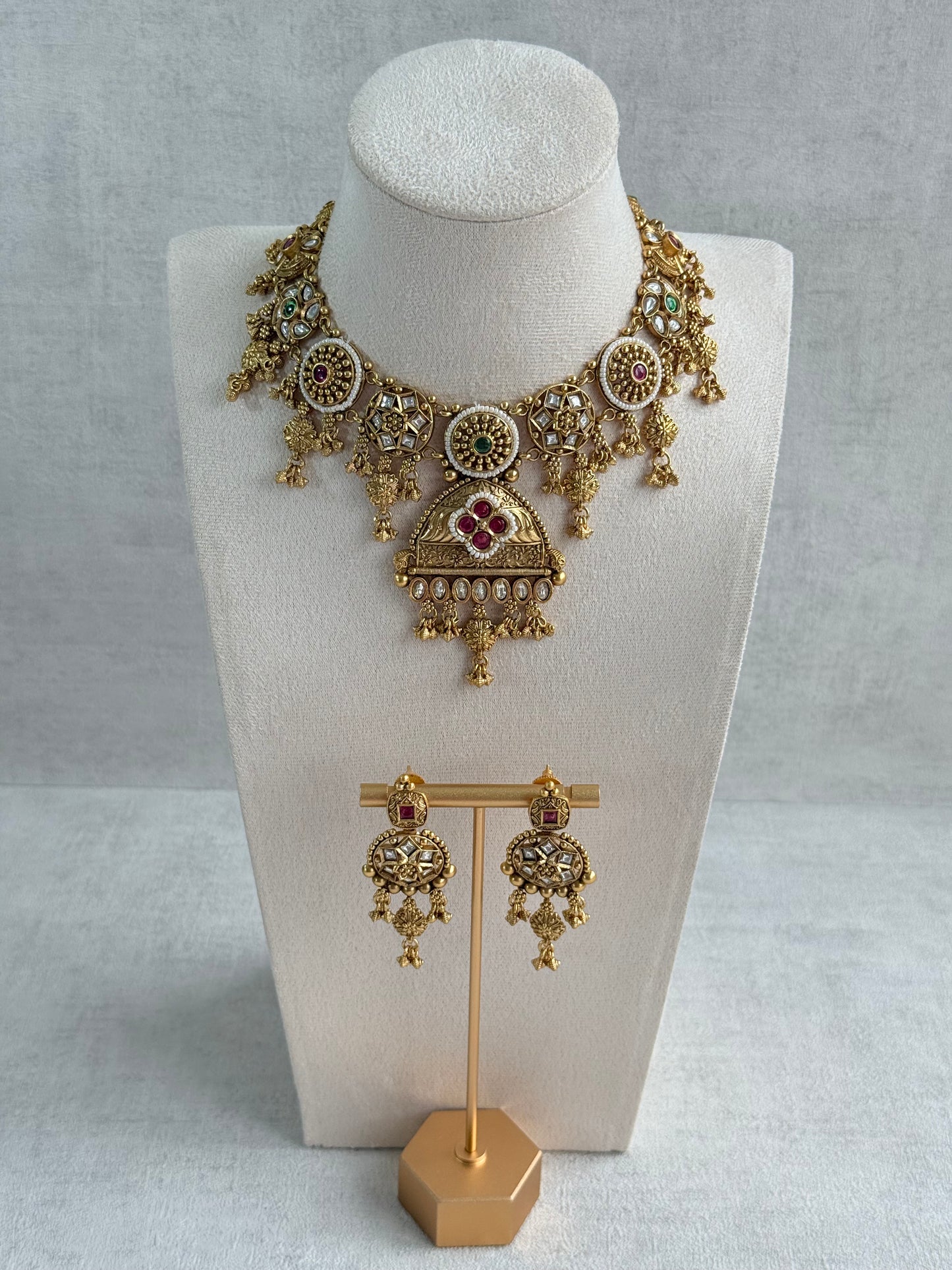 Ayura Designs Kriti Necklace Set with Earrings – Antique Gold Multicolour Kundan Design with Pearls & Ghungroo Detailing