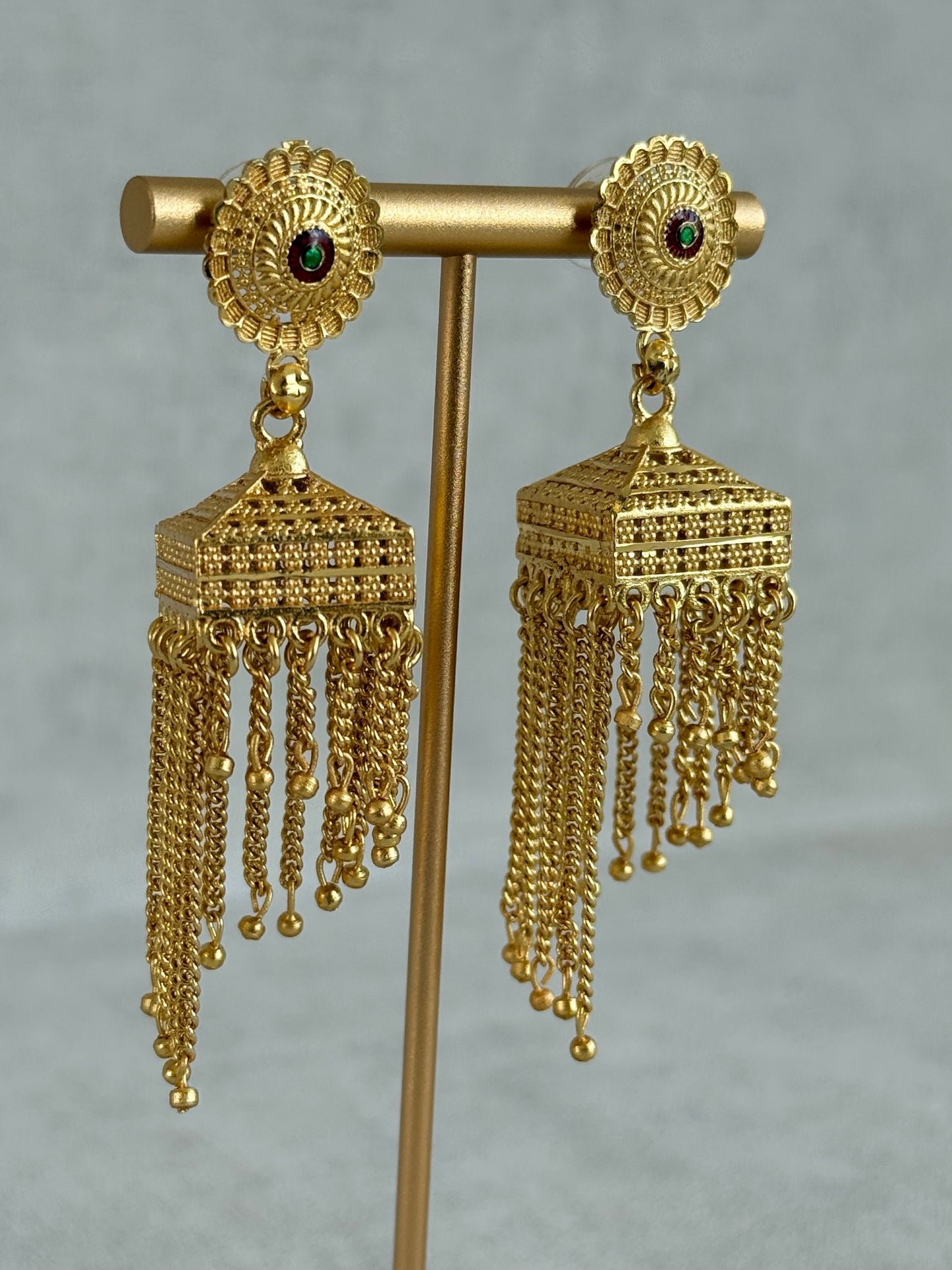 Ayura Designs Raati Jhumkis – Gold Chain Tassel Statement Earrings