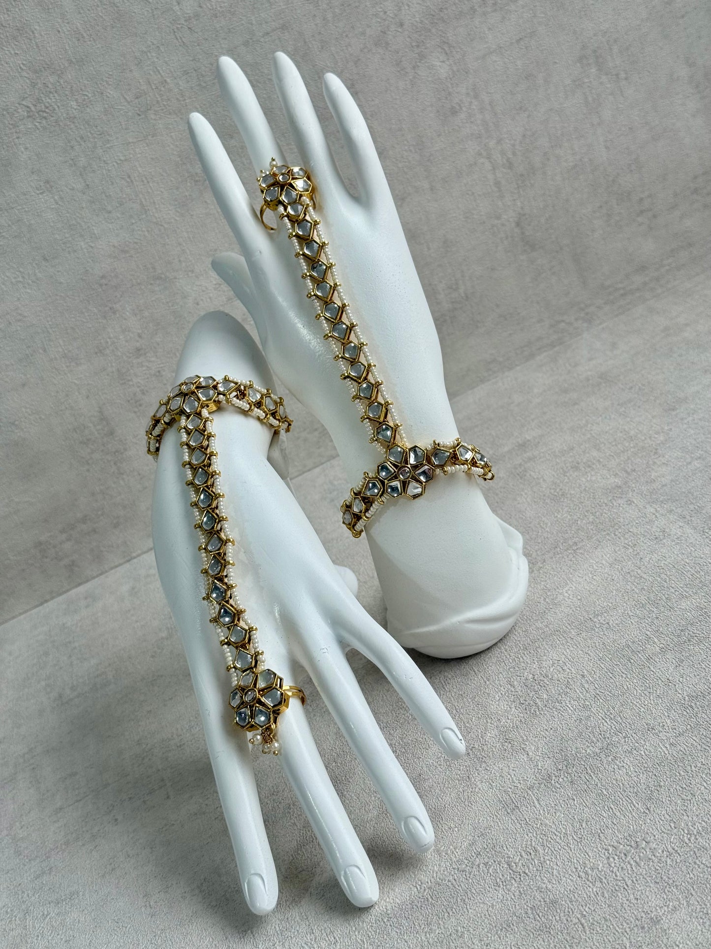 Ayura Designs Yara Haathphool – Mirror-Cut Stones with Pearl Bead Detailing in Antique Gold Finish