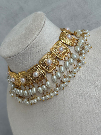 Ayura Designs Chetna Choker Set with Earrings & Tikka – Ivory Pearl Beads & Pearl Drops with Pipal Patti Detailing