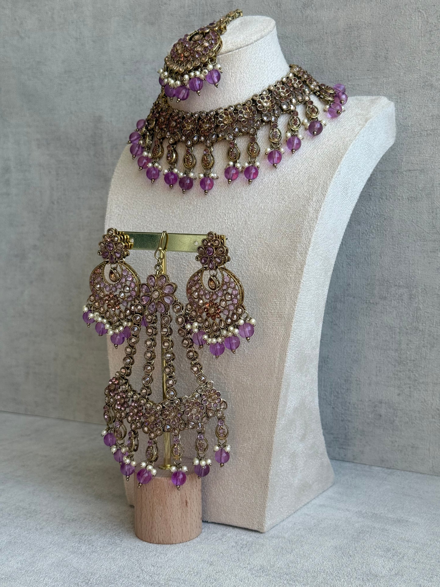 Ayura Designs Nehaat Set with Choker, Earrings, Tikka & Passa – Antique Gold with Lavender Beads, Pearls & Kundan Detailing