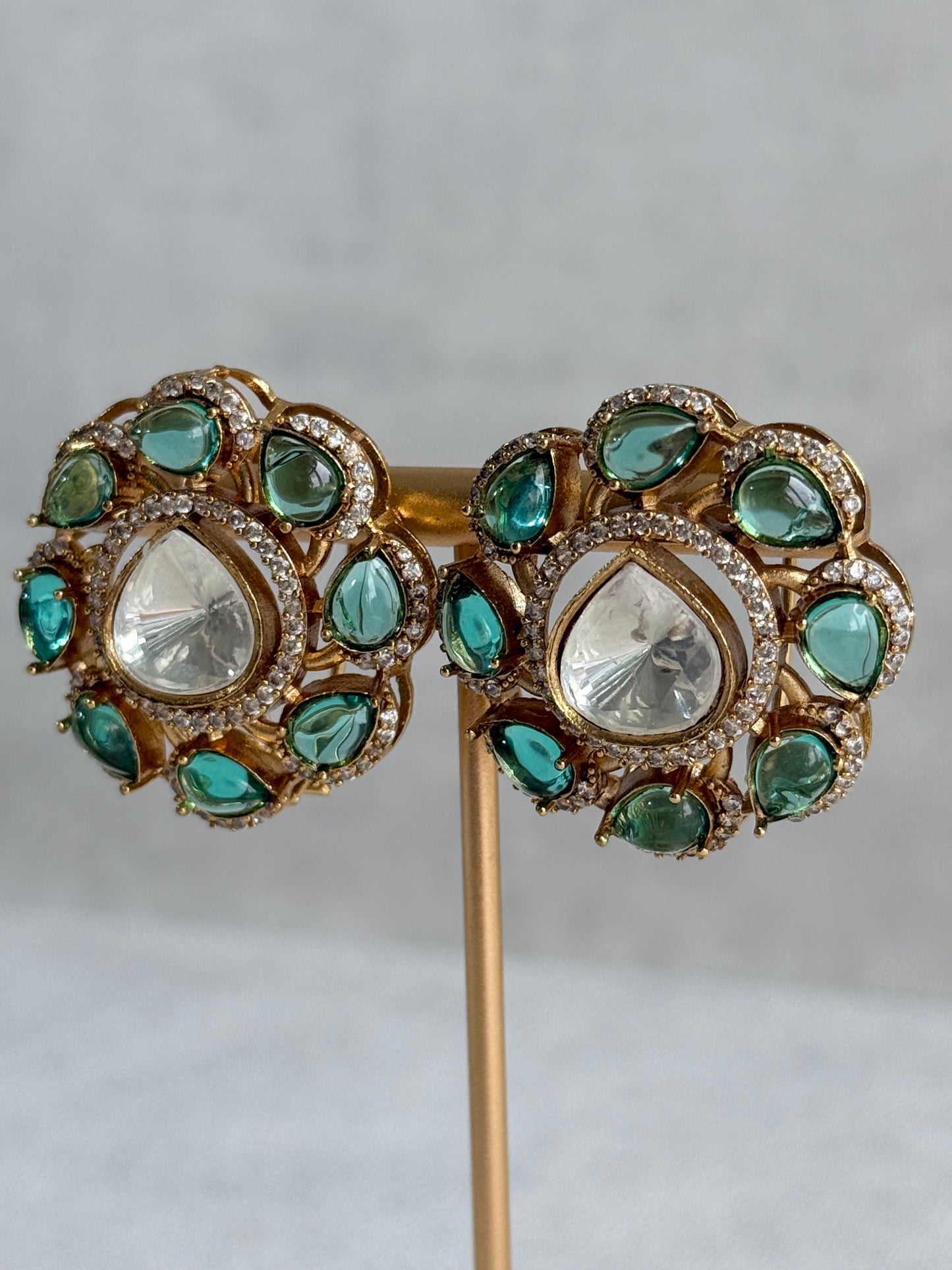 Ayura Designs Giana Stud Earrings – Aqua Green & Crystal Kundan with Gold Finish