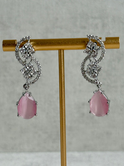 Ayura Designs Nida Set with Necklace & Earrings – Blush Pink Stones, Diamond-Cut Accents & Silver Finish