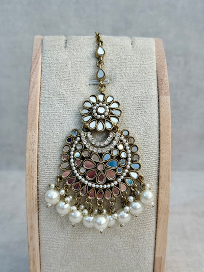Ayura Designs Sheesha Tikka Set with Earrings – Antique Gold Mirror Detailing with Pearl Drops