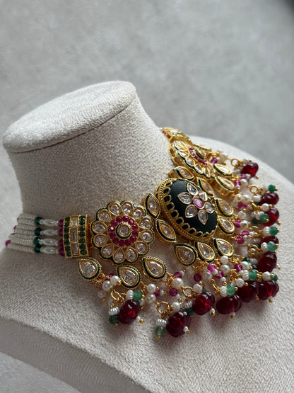 Ayura Designs Kavia Set – Necklace & Earrings with Kundan Stones, Green Enamel, Ruby & Emerald Beads, and Pearl Detailing