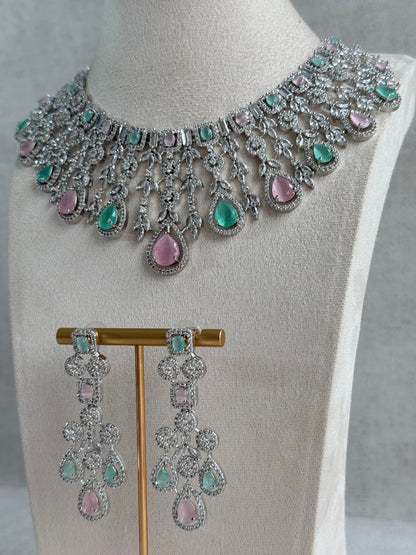 Ayura Designs Skye Necklace Set with Earrings – Blush Pink & Mint Green Stones with Crystal Detailing in Silver Finish
