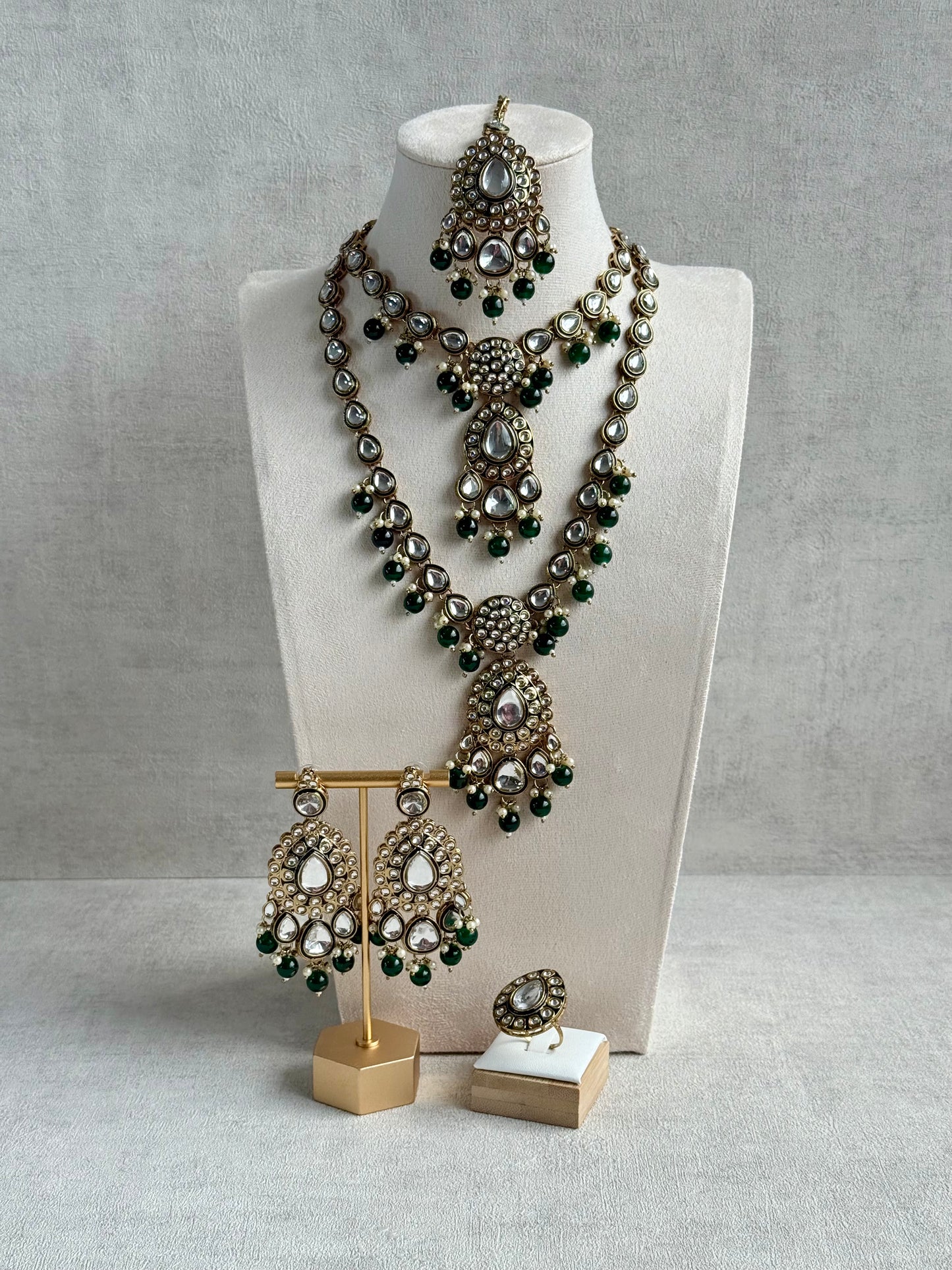 Ayura Designs Kalika Set with Necklace, Earrings, Tikka & Ring – Polki-Style Stones with Antique Green Enamel Detailing, Emerald Green Beads & Pearl Drops