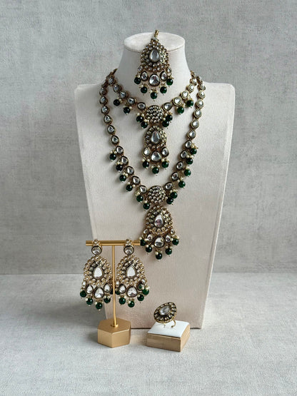 Ayura Designs Kalika Set with Necklace, Earrings, Tikka & Ring – Polki-Style Stones with Antique Green Enamel Detailing, Emerald Green Beads & Pearl Drops