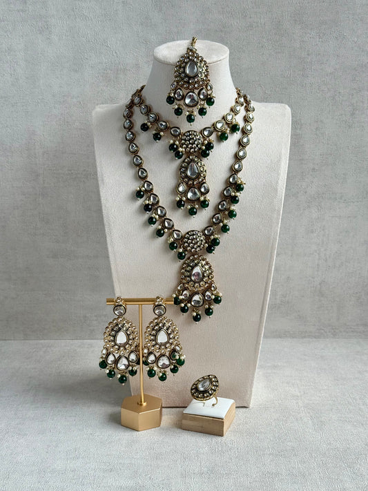 Ayura Designs Kalika Set with Necklace, Earrings, Tikka & Ring – Polki-Style Stones with Antique Green Enamel Detailing, Emerald Green Beads & Pearl Drops