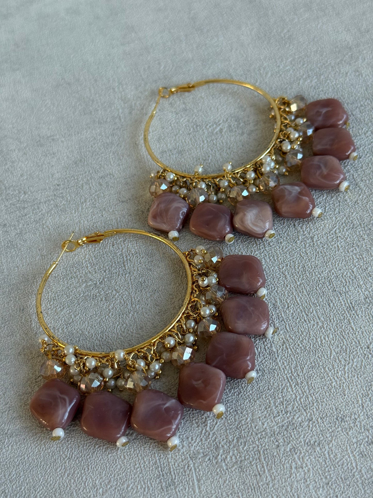 Ayura Designs Heer Balis – Gold Hoops with Dusty Rose Marble Beads, Pearls & Crystal Detailing