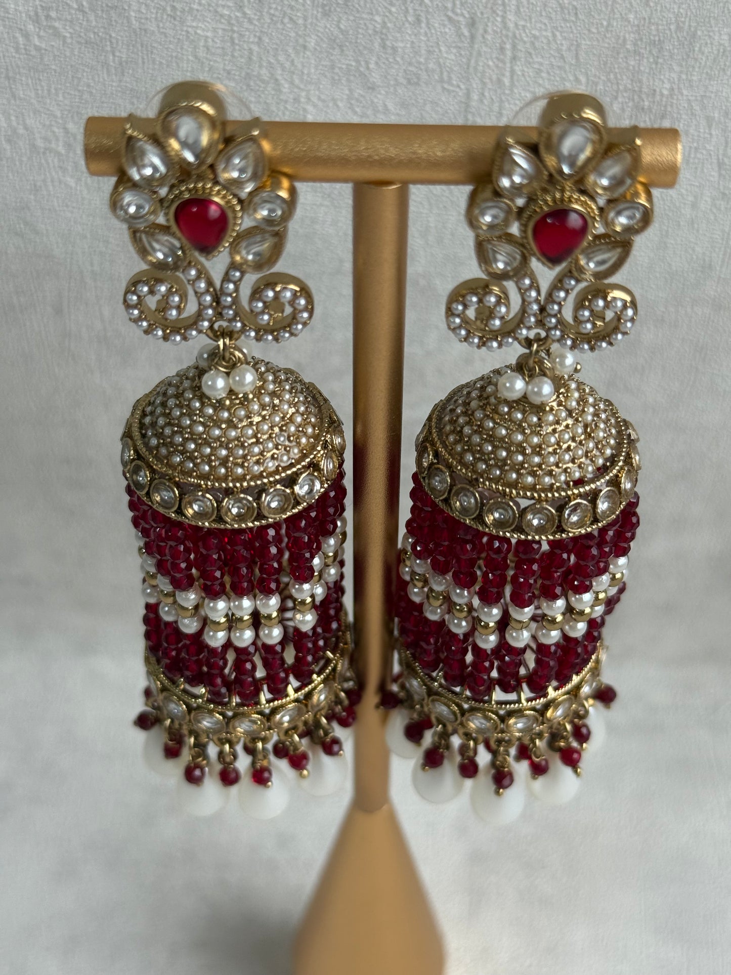 Ayura Designs Sage Earrings – Statement Jhumkis with Mirror-Cut Stones, Pearl Drops & Ruby Red Beads