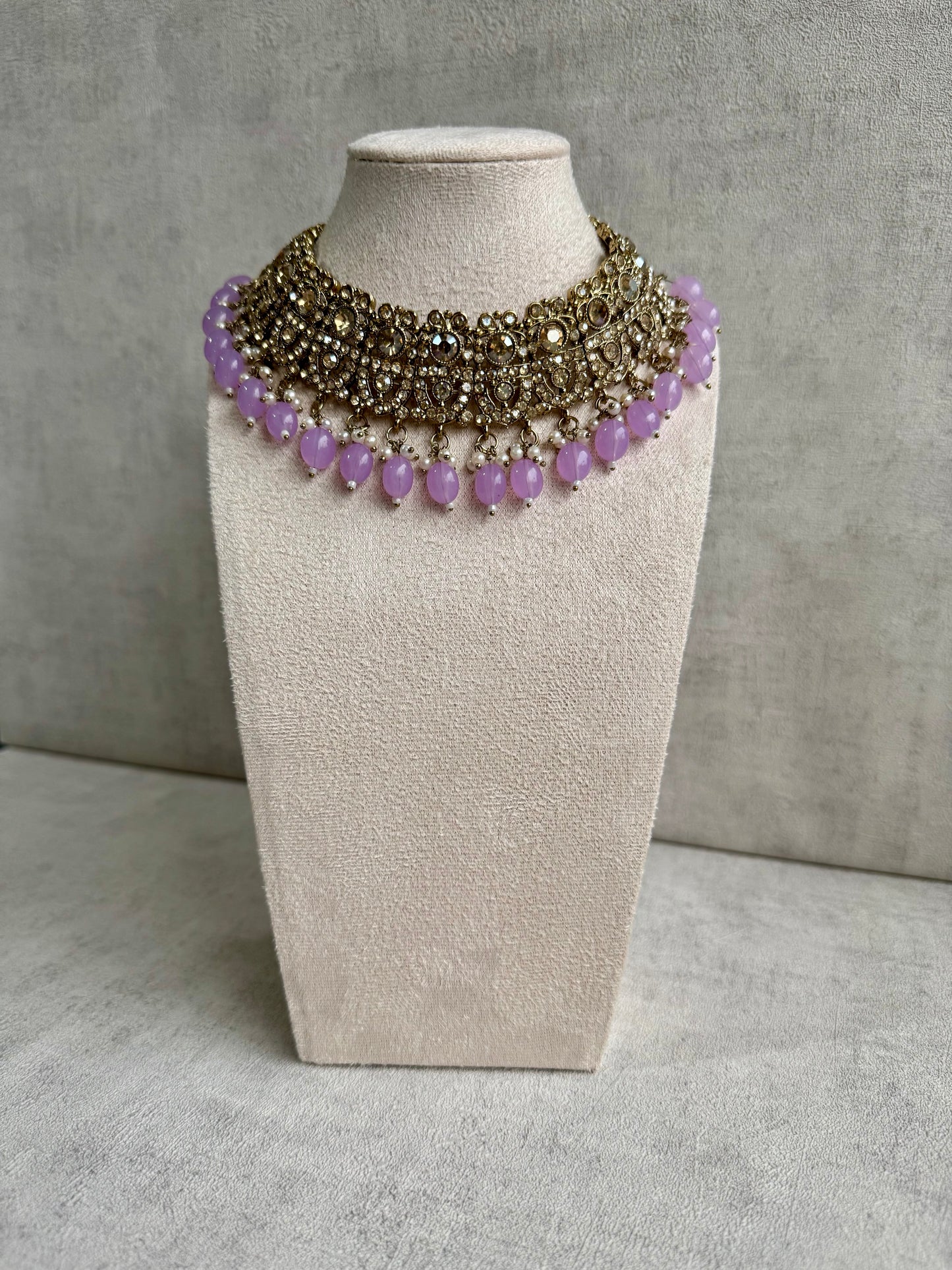 Ayura Designs Siya Set with Jhumkis & Tikka – Champagne-Toned Beauty with Lilac Beads