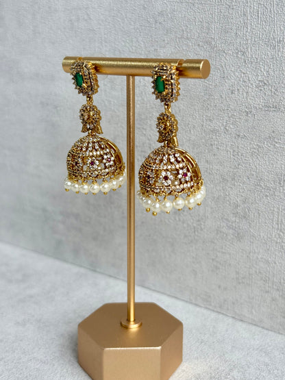 Ayura Designs Maya Jhumkis – Gold Jhumkis with Emerald Green Studs, Pink Stones, Crystal Detailing & Pearl Drops