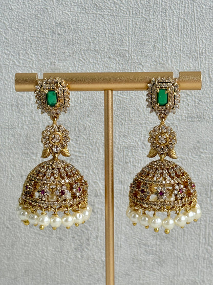 Ayura Designs Maya Jhumkis – Gold Jhumkis with Emerald Green Studs, Pink Stones, Crystal Detailing & Pearl Drops