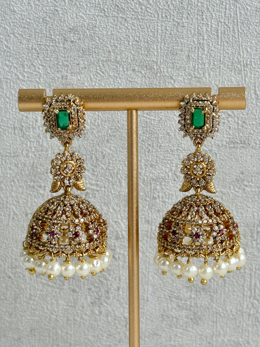 Ayura Designs Maya Jhumkis – Gold Jhumkis with Emerald Green Studs, Pink Stones, Crystal Detailing & Pearl Drops